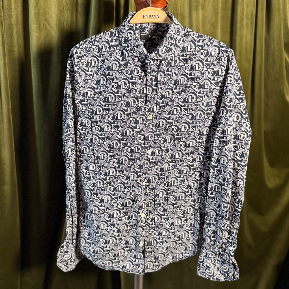 Murano Slim Fit Geometric Button Down Shirt Mens Small Navy White Cotton Print - Picture 2 of 6